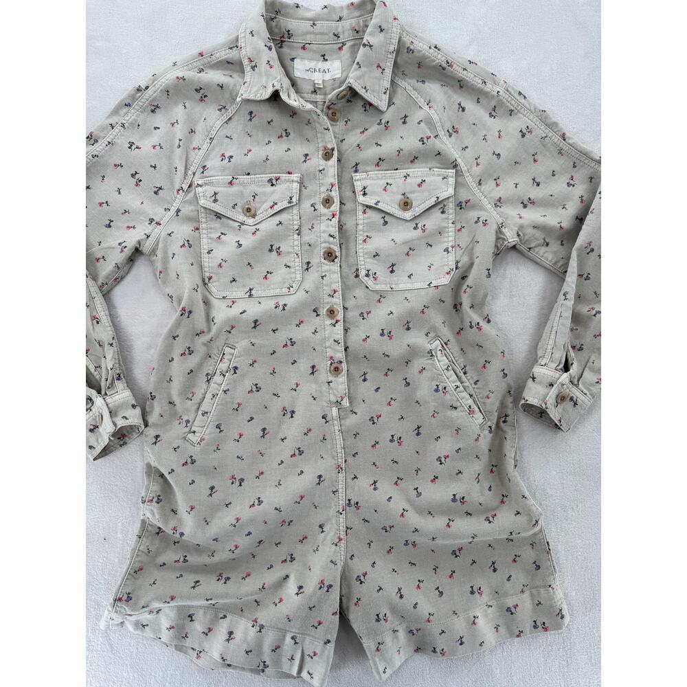 The Great. Beige Twill Floral Romper Shorts One Piece 1 Small Cottagecore